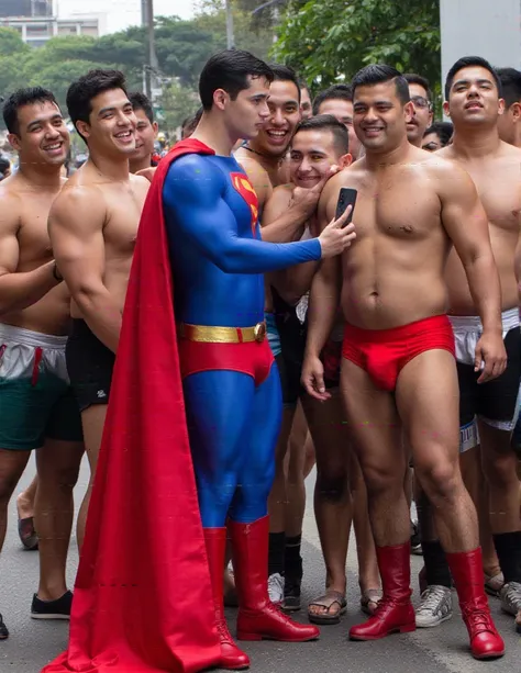 Taiwan 28 years-old male college student  hug and kiss Superman deep.  They kiss each other. At the gay parade only men. Create an image depicting Superman taking a selfie with a group of delighted gay fans, capturing his iconic and inspiring interaction w...