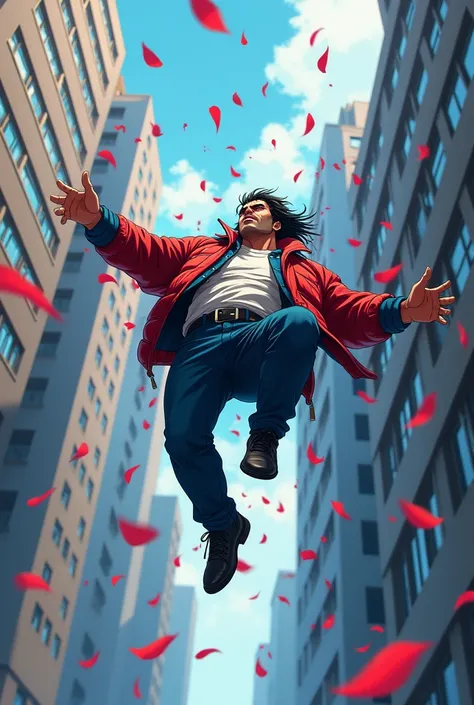  Thick-built man falls from a building while flower petals fly in the wind, Wearing a red and blue jacket ,  black hair.  anime manga design style 