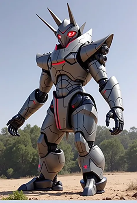 A futuristic combat robot with a metallic body covered in geometric mosaic patterns. Embedded between the armor panels are glowing red lines and accents that emphasize a cold, aggressive demeanor. The head is shaped like a sleek helmet, featuring several s...