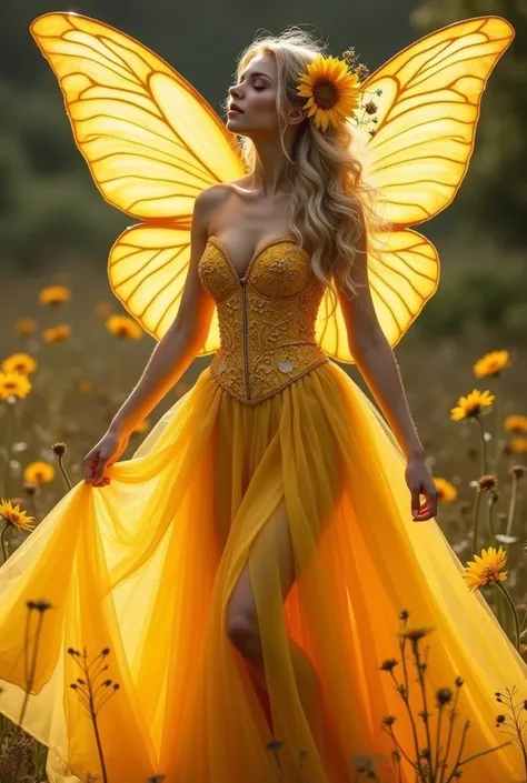 
June is embodied by the Sunflower Fairy, a radiant being who captures the essence of summer. Her gown is a burst of sunlight, crafted from flowing silk and tulle in vibrant shades of golden yellow and amber. The bodice is intricately embroidered with sunf...