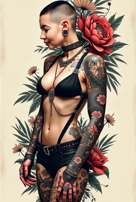 Creates a tattoo on a womans left and right arm, a large peony climbing up the neck and never, descending a phoenix in large black work along with a dragon to the hand with mandalas and florals throughout the rest. Sexy sensual pose. Skinhead buzz cut hair...