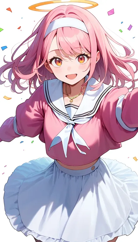 1girl, cowboy shot, white headband, halo, looking at Viewer, smile, Alone, white necklace, party, white headband, white sailor collar, puffy long sleeVes, light pink hair, white skirt, from aboVe, white background, V, reaching towards Viewer, Pink clothes