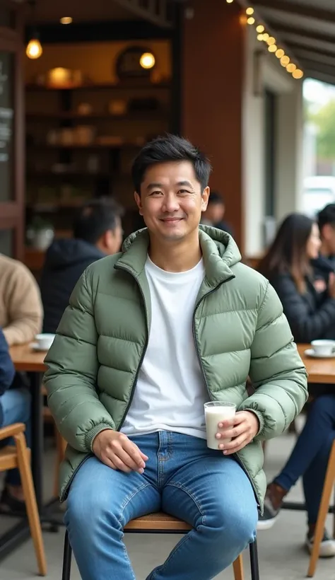  A 45-year-old Taiwanese handsome brother stands in the outdoor seating area of the breakfast， wearing a light green down jacket ， with a white round neck sweatshirt and blue jeans 。 He was sitting comfortably in a chair ， Holding a cup of soy milk in his ...