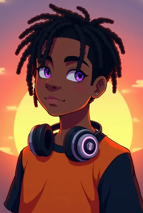 Black anime man with yellow shirt and black hair ,  black teen,  hairstyle with short dreadlocks that cover the left side of his face and dark skin , detailed character portrait,  a portrait of a character ,  Half-body portrait , Stylized portrait,  half h...