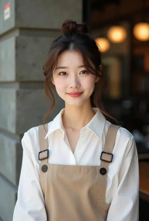 Portrait of a poised and elegant 27-year-old Korean woman, embodying grace and sophistication. Her hair is styled in a chic and timeless manner, perhaps with soft waves or a sleek bun, accentuating her refined features. She dons a sophisticated suspender s...