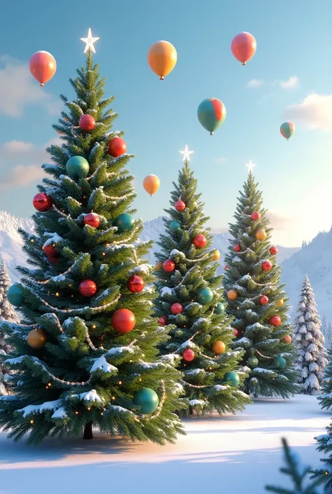 Christmas trees in Christmas garlands and balloons