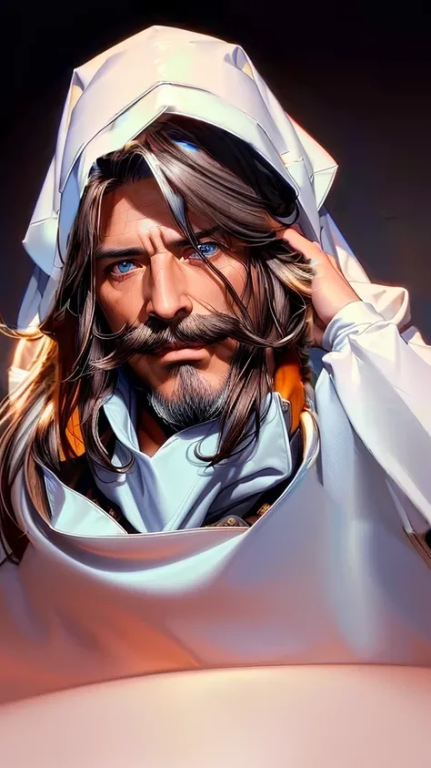 ((Masterpiece, best quality)), hair inside the hood, white hood, long hair.