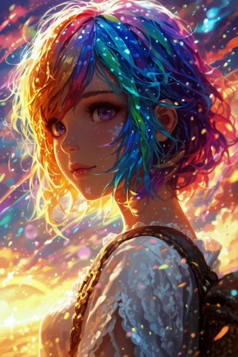  top quality, 4K, masterpiece,  Rainbow Color Hair, girl, Time Traveler , Time Space Scene 