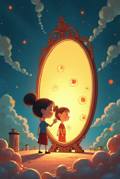  Create a striking image for me with animated characters discovering themselves. Seeing through the mirror. The image has to be about personal development . The image has to be an illustration or drawing of a person 