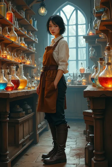 In RPG style, in style of Dungeons & Dragons, in style of fantasy painting. Full body view, Looking at the viewer. Image of a beautiful asian female Alchemist in potions shop. short hair, dark pants, apron, high leather boots, Standing with both feet on th...