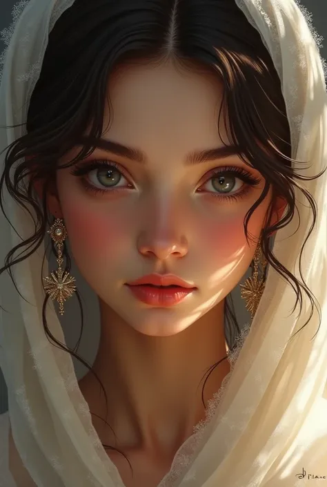 A girl with almond-shaped eyes, round shape, brown, white, Arabian skin 