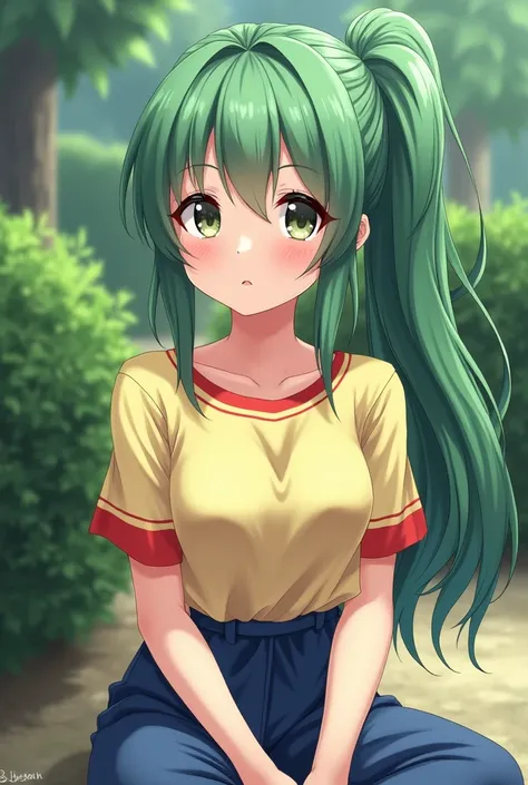  A  girl with green hair with ponytail ,brown eyes and black iris , Green eyebrows, very short top shirt with short sleeves light yellow and red stripes,with long blue pants in a seated garden [real life]