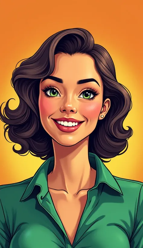 discreet image. wearing discreet casual wear ,  a green blouse . Image of an adult woman , Americana, comic style.  SHE IS HAPPY AND GRATEFUL,  with a discreet smile .  IMAGES WITH VIBRANT COLORS .