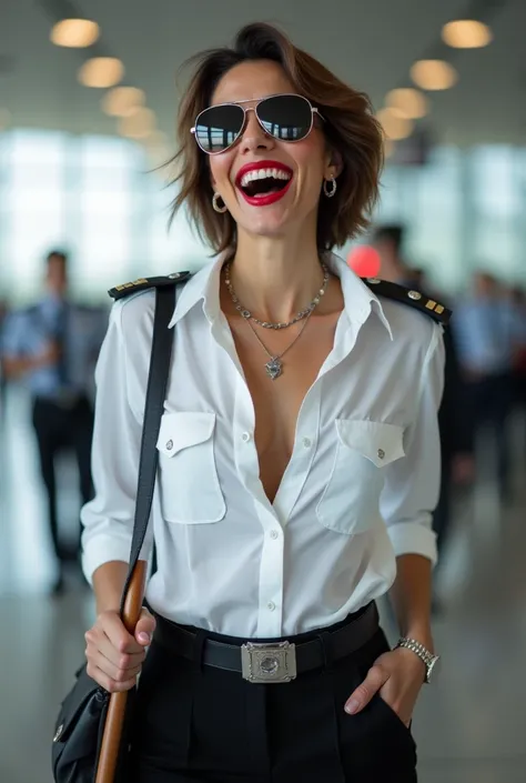 two german airport security ladies , in white unbuttoned airport security shirt, laughing with her mouth open, red lipstick accentuating her smile,belt on waist, big wide hips, chest are fully grown, jewerly, short hair, aviator sunglasses, HD, holds long ...