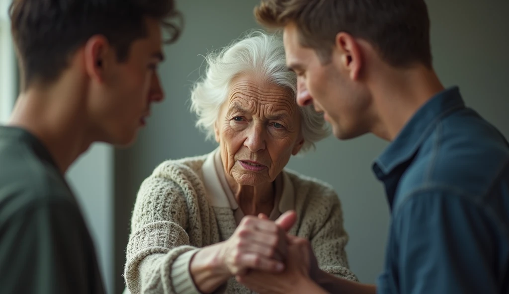 A 60-year-old lady smelling a young mans hand and making an ugly face 