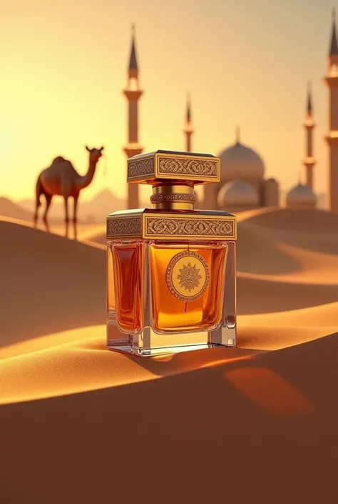 A perfume bottle, which is in the sand of Arabic with camels and mosks different bottle square type
