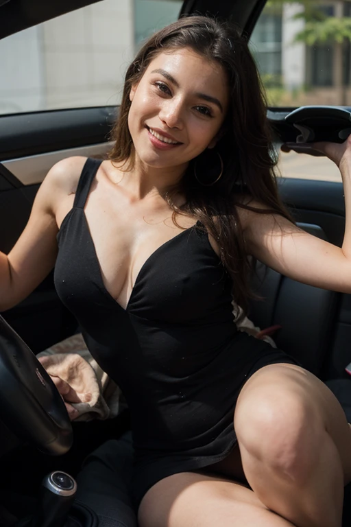 A Brazilian woman in a car in a very exuberant pose, wearing a low-cut black dress,  with a close up capturing the harmonious beauty,  showing her natural charm and outgoing personality .