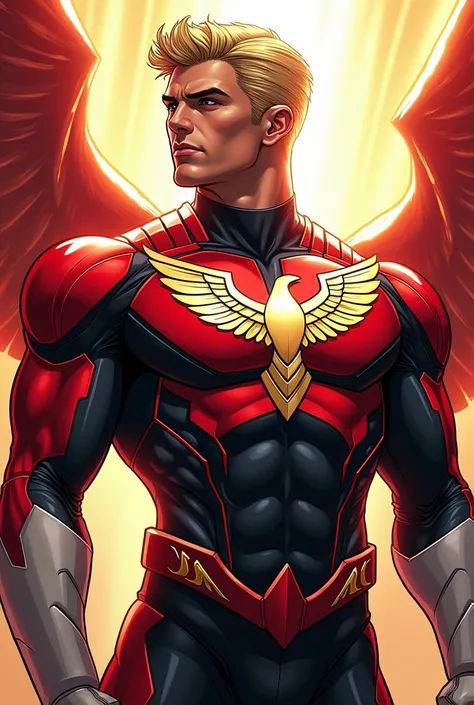 Male comic book characters , hero, of cut blond hair ,  wearing red and white armor, with an eagle coat of arms on the chest , Comic book version