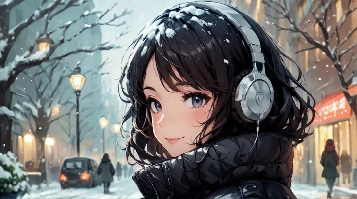 １９８０ era city pop style that goes big towards here A woman in the 。In a snowy city 、Black Hair２０ generation looks at me with a very happy expression。 women are wearing down jackets、 with headphones on their ears 。