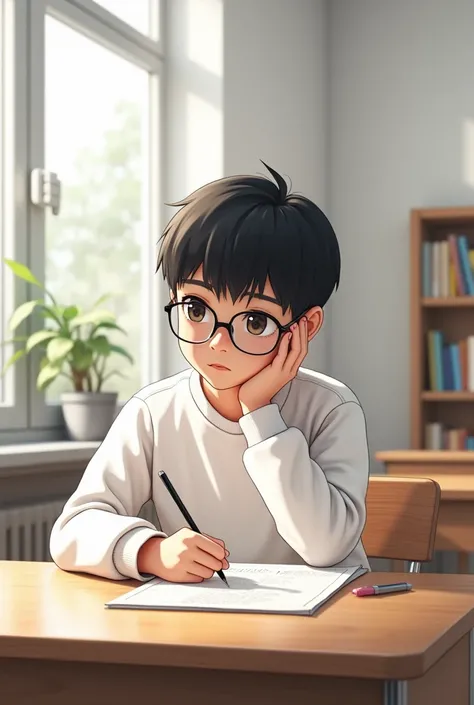 A boy is writing on a wooden table.He is in the classroom. He wears white sweatshirt. He has black hair and wears glasses. His classroom has a book sheet,pot and window.His classroom wall is white colour. The view is side by.Counterfeit-V3.0 version.