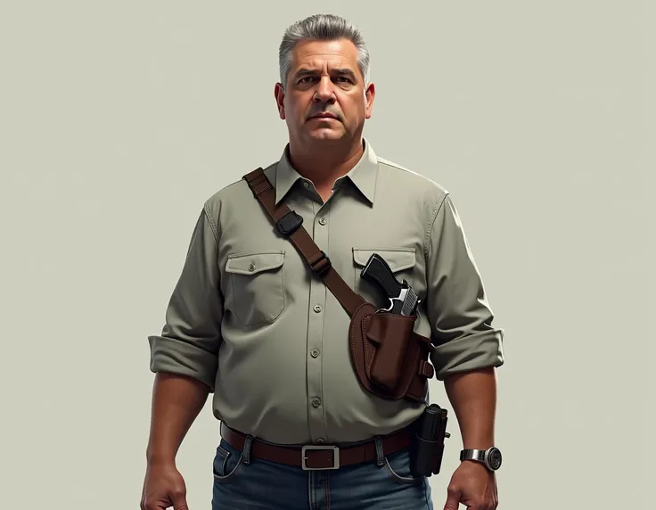 Image of a 50-year-old man , with jeans and button down shirt,  carrying a holster around her chest with a pistol, medium height, White, CALVO, With gray hair, with a slightly bulging belly .