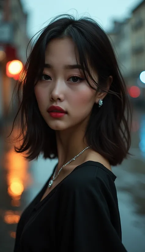 Beautiful super Asian model,Her name is Lisa Bae Suzy, Round Eyes, thick eyebrow,double eyelids,Shoulder-Length Bob Medium Hairs ,highly detailed face and skin texture,brown hair, Almond color Skin,wear diamond necklace, diamond earring,portrait,gloomy atm...