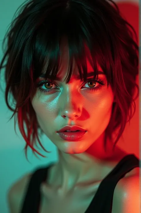  lenses Create a woman with short hair, black and red and with  