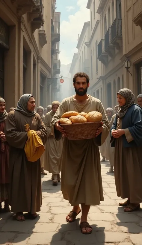 Oil painting by Raffaello Santi, A simple man, humbly dressed, delivering bread to a needy and poor family on the streets, they are wearing 20th century clothes, while a ray of divine light illuminates him, suggesting blessings received. 4K resolution (mas...