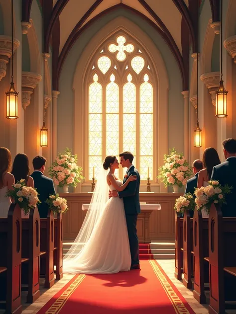 I need you to create an image where Im marrying my girlfriend in church with my face and hers 