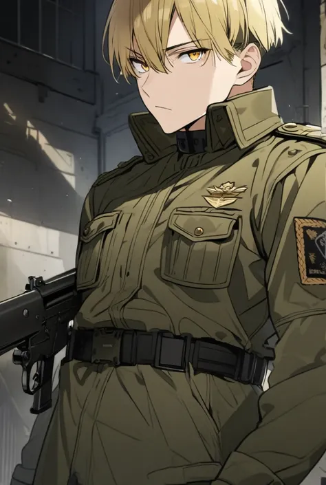 Homme, blond, militaire, short hairs, gun, military outfit, golden eyes 