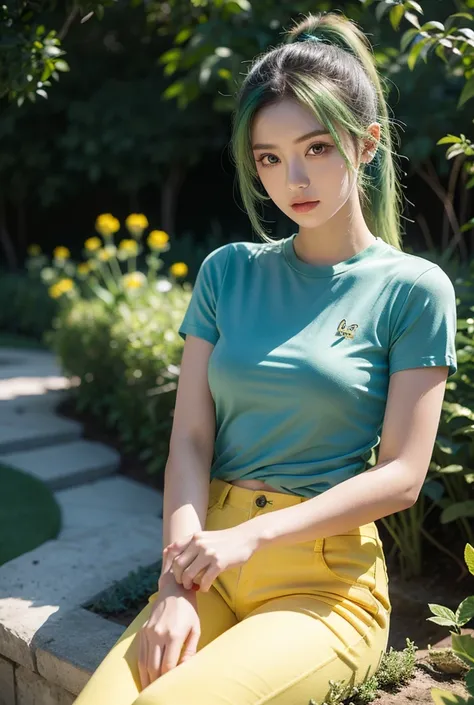  A  girl with green hair with ponytail ,brown eyes and black iris , Green eyebrows, top shirt with short sleeves light yellow and red stripes,with long blue pants in a seated garden 