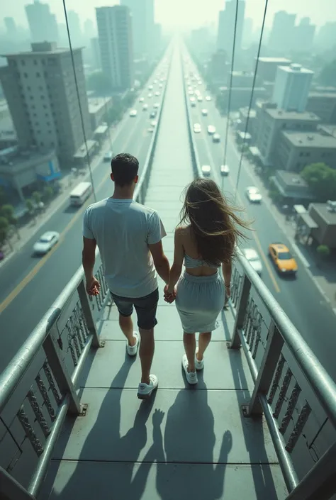 A man and a woman walking on the right side of a high bridge with vehicles and a wind of 200 kilometers per hour with breeze on them