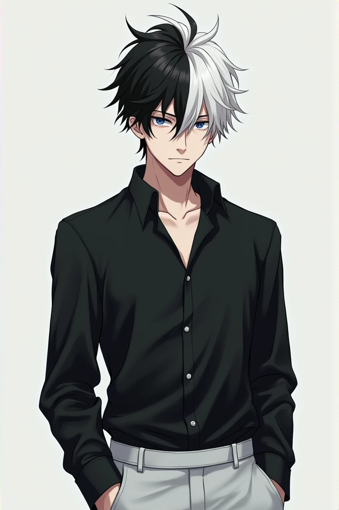 a man wearing a black shirt and white trousers with black and white hair anime
