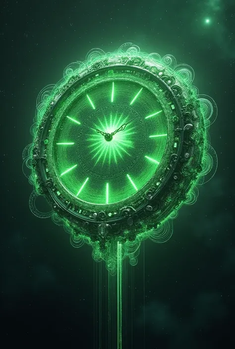 I want you to make a giant clock made of green energy floating in space