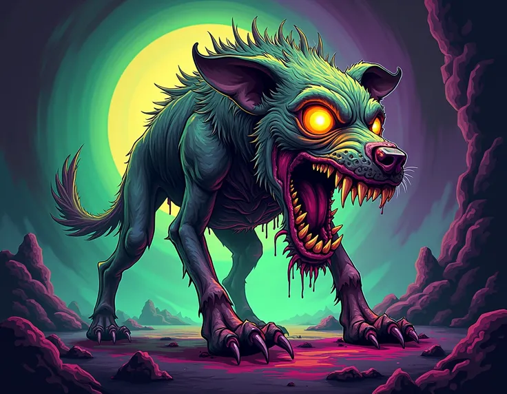 Create an image of a horror zombie dog character,  this image will be used for a t-shirt print, It must be very colorful 