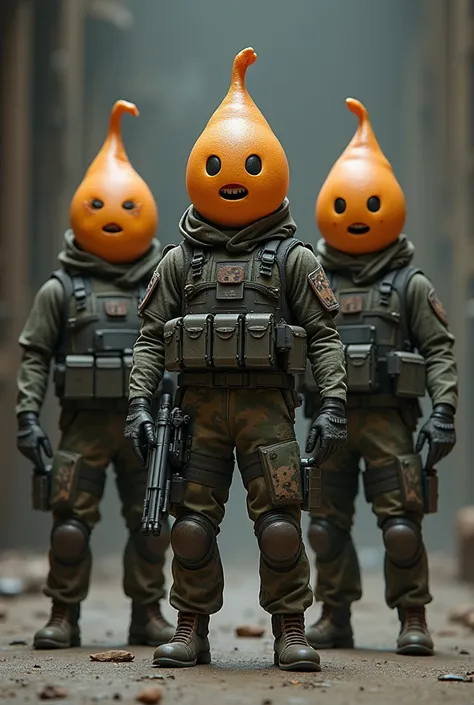 3 characters based on the excrement emoji dressed in tactical equipment 