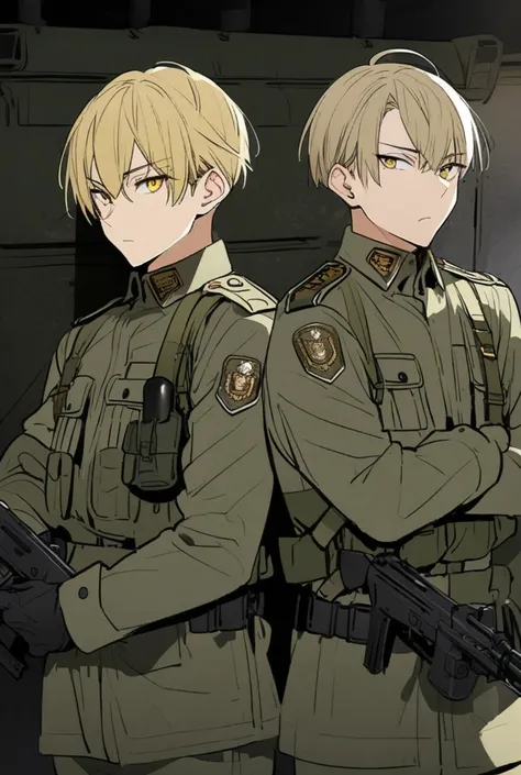 Homme, blond, militaire, short hairs, gun, military outfit, golden eyes 