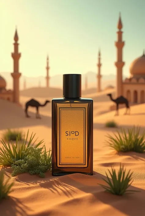 A perfume bottle, which is in the sand of Arabic with camels and mosks different bottle square type long same ads different location with some greenery no designs in the center of the bottle 
Same but different type Walter 