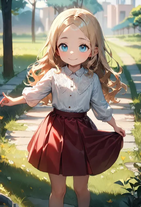 (1 , 9yo, short stature:1.5), sharp face, petite body , slim shoulder,

middle part, (forehead:1.1), shiny hair, blonde hair, long hair, wavy hair,
(small eyes, tareme:1.3), turquoise blue eyes,
white blouse, red skirt,
smile, on grass in park pathway,

BR...