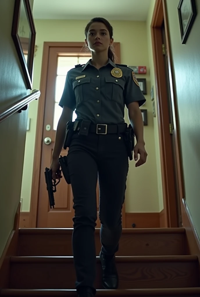 a young female police officer climbing the stairs of a house upstairs with a gun in her hand