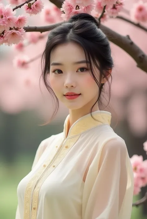 A young Chinese woman, 22 years old with perfect figure and stunning H-cup breasts, in a light cream-colored traditional Chinese dress from sheer-transparent fabric, with a pale yellow embroidered collar, stands beneath a blossoming spring tree, her dark h...