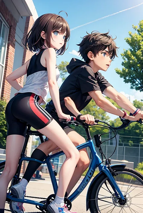 create anime image the teenager boy and teenager girl cycling on one cycle
