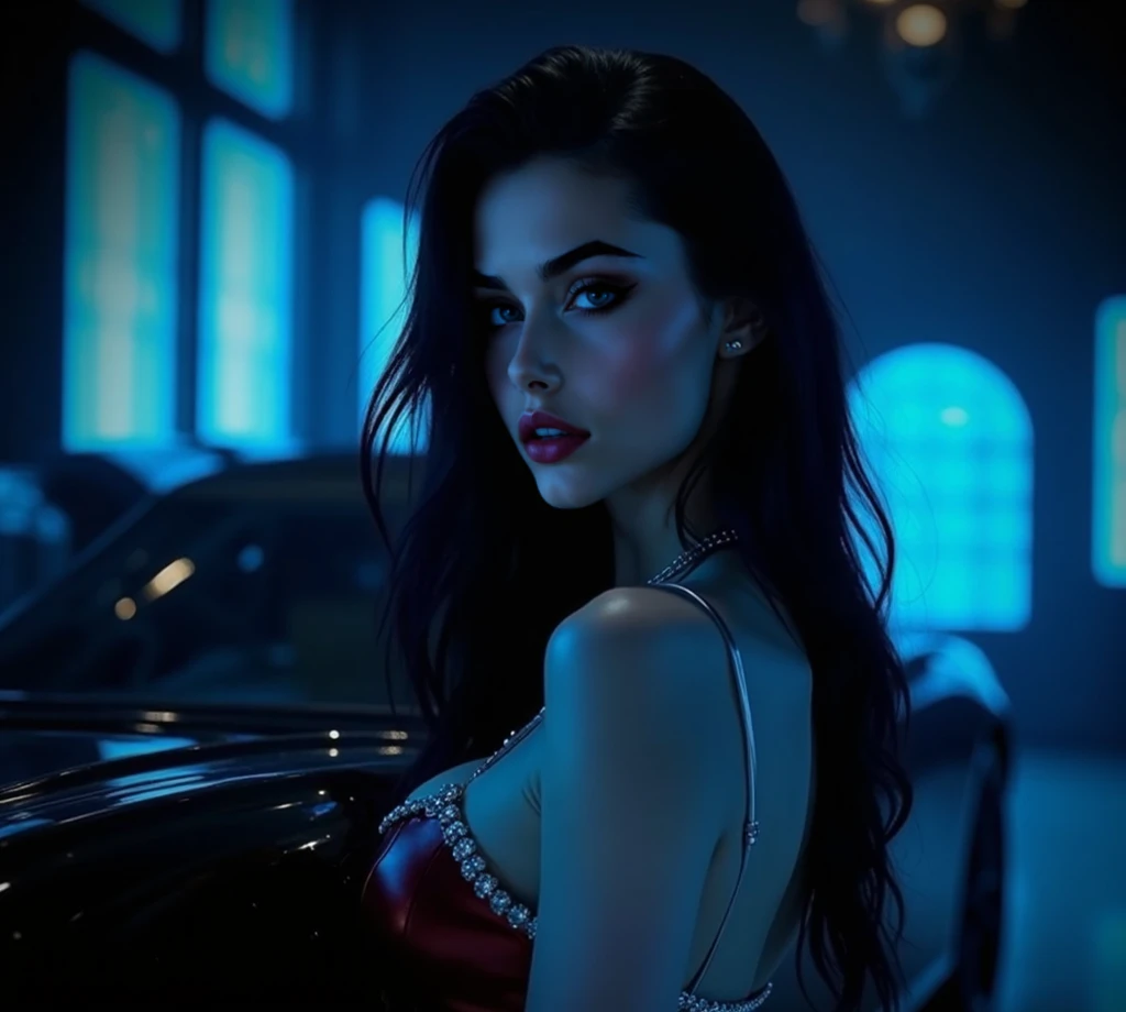 Black-haired woman with bright turquoise eyes ,  a red dress close to her body and a blue light shines