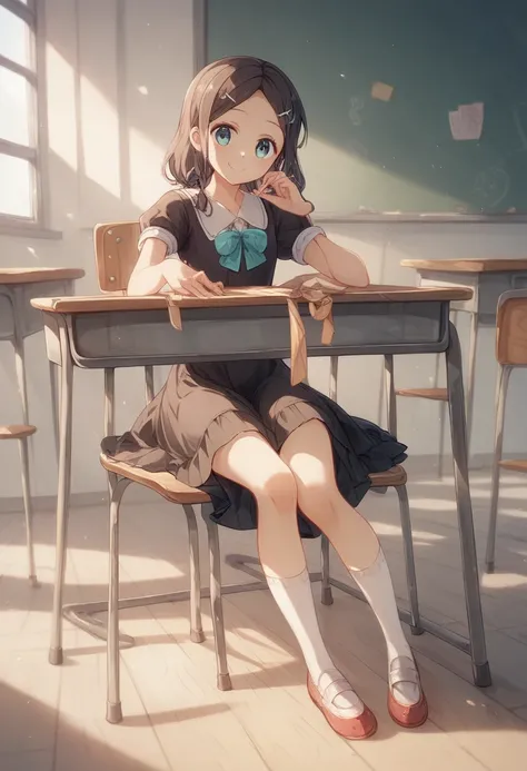 ((masterpiece)), (( Best Quality )), (( high resolution)), (( extremely fine CG unity 8k wallpaper)),  unique , Tachibana 々,  black dress ,  white socks, Tiny Smile , classroom