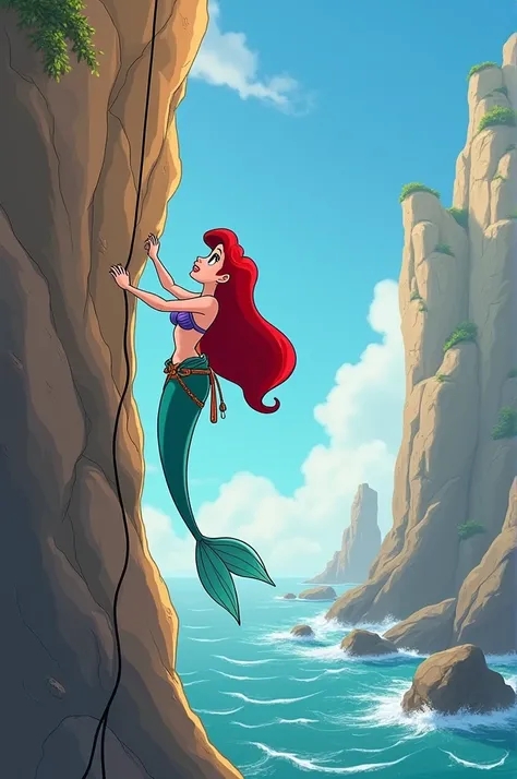 The cartoon of the little mermaid in sportswear ,  climbing a large rock using a climbing harness and climbing rope and Prince Erick giving her belay