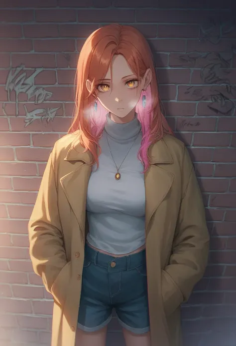 (masterpiece,  Best Quality ,  1 girl,  unique ,  intricate details , Chromatic Aberration),  actual , ((Moderate breathing)), long hair, Redhead,   without buttons is placed on the head,  pink highlights ,  Amber Eyes , earrings,  sharp eyes , necklace, N...