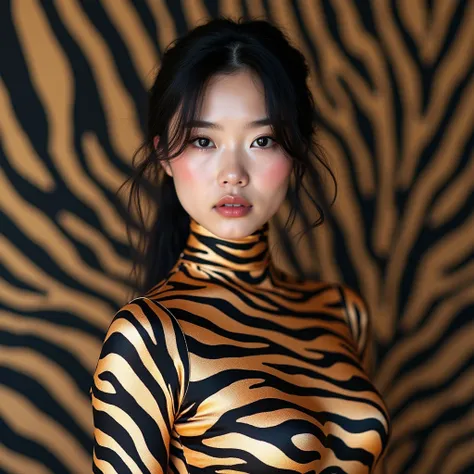 A thirty seven years old most beautiful and thinest Asian Taiwan adult girl with a most pretty shiny beautiful cheeks wears zebra-like tiger print lycra zentai turtleneck unitard catsuit.She is at zebra mix print background