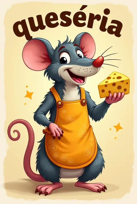 Make a logo that has a cheese and a rat with an apron and that says “Queseria Queseria Quesalfaro” in the background