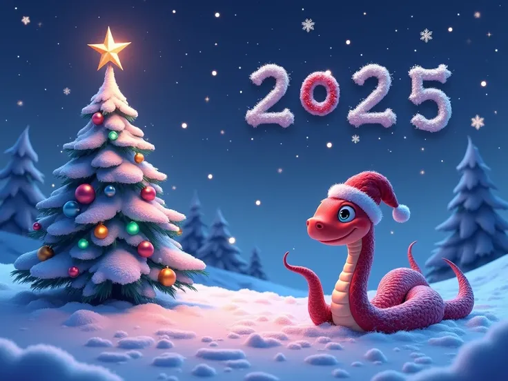  realistic-fairy-tale world ,  purple-blue-pink snow , blue-green Christmas tree , Cartoon multicolored snake with good mood,  night starry sky ,  snowflakes fall from the sky in the form of animals ,  in the sky inscription Happy New Year 2025 and Merry C...