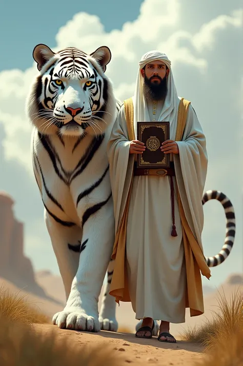 Realist image of a  wearing a muslim shirt in his hands holding the holy book of the Koran walking alongside a huge white tiger 